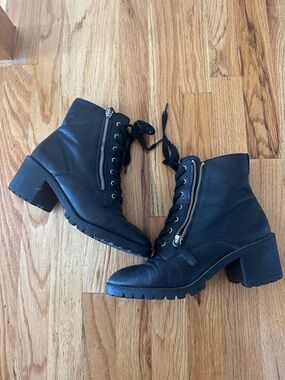 Black Lace-Up Ankle Boots with Side Zipper - Women